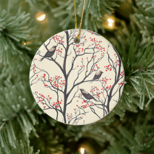 Rustic Christmas Birds Red Berry Cream Ceramic Tree Decoration
