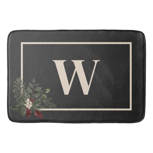 Rustic Christmas Black & Cream Monogram Pine Bath Mat (Front)