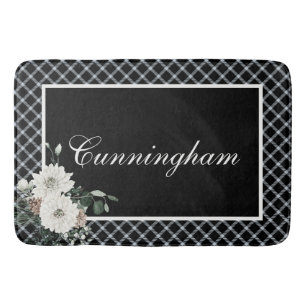 Rustic Christmas Black & White Plaid Name Pine Bath Mat