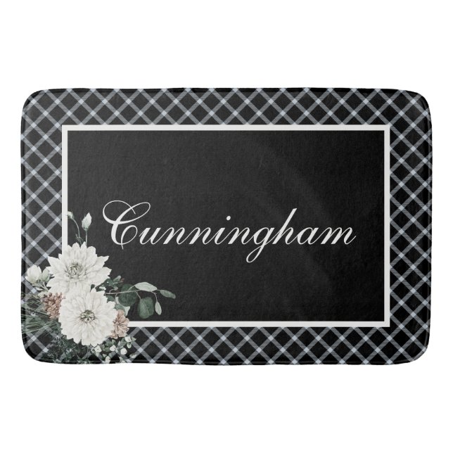 Rustic Christmas Black & White Plaid Name Pine Bath Mat (Front)