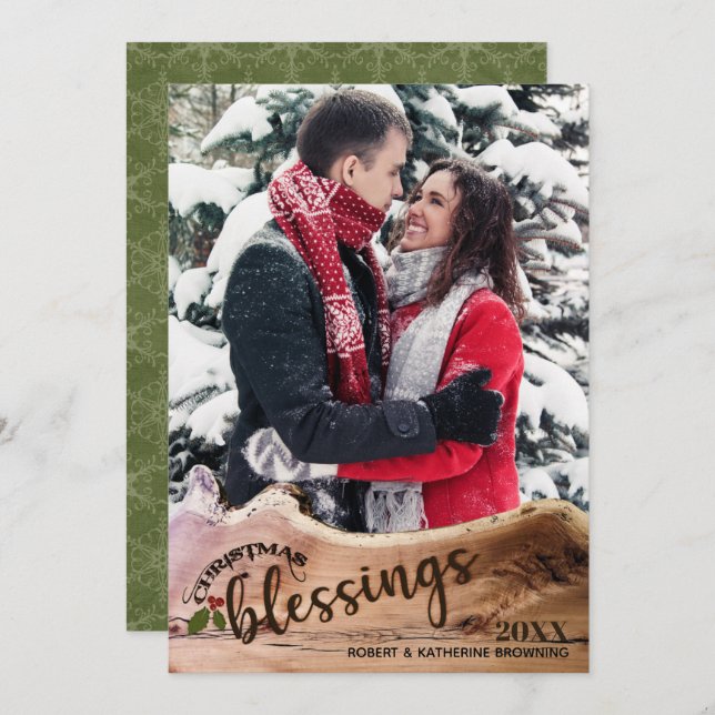 Rustic Christmas Blessings Single Photo Holiday Card (Front/Back)