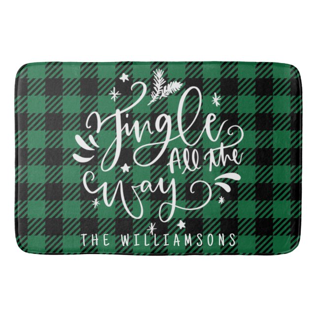 Rustic Christmas Buffalo Plaid Family Name  Bath Mat (Front)