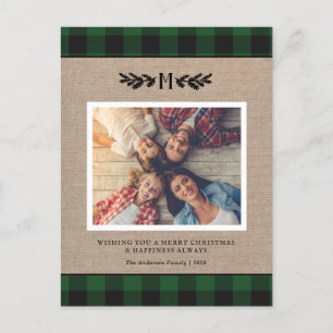 Rustic Christmas Burlap Monogram Photo Holiday Postcard