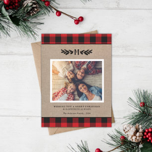 Rustic Christmas Burlap Monogram Photo Holiday Postcard