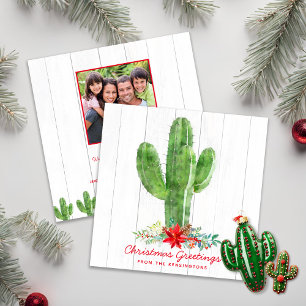 Rustic Christmas Cactus Wood Holiday Photo Invitation