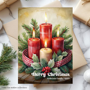 Rustic Christmas candles card red green holiday