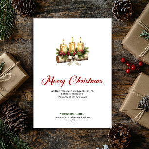 Rustic Christmas candles on wooden log greeting Holiday Card