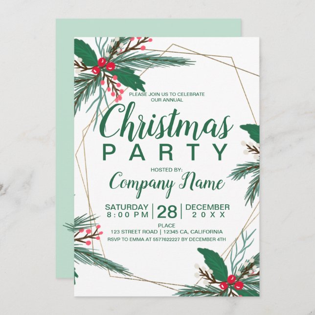 Rustic Christmas corporate mistletoe gold frame Invitation (Front/Back)