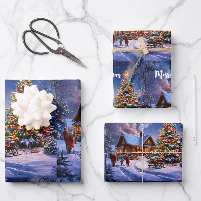 Rustic Christmas  Cosy Snowy Cabin in the Forest  Wrapping Paper Sheet (Front)