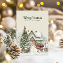 Rustic Christmas Cottage with Tree and Red Wagon