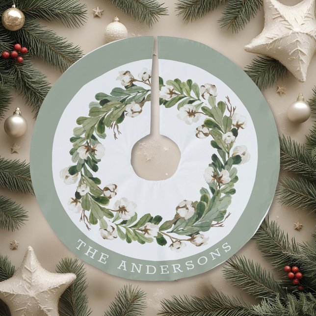 Rustic Christmas Cotton Wreath Family Name Brushed Polyester Tree Skirt (Creator Uploaded)