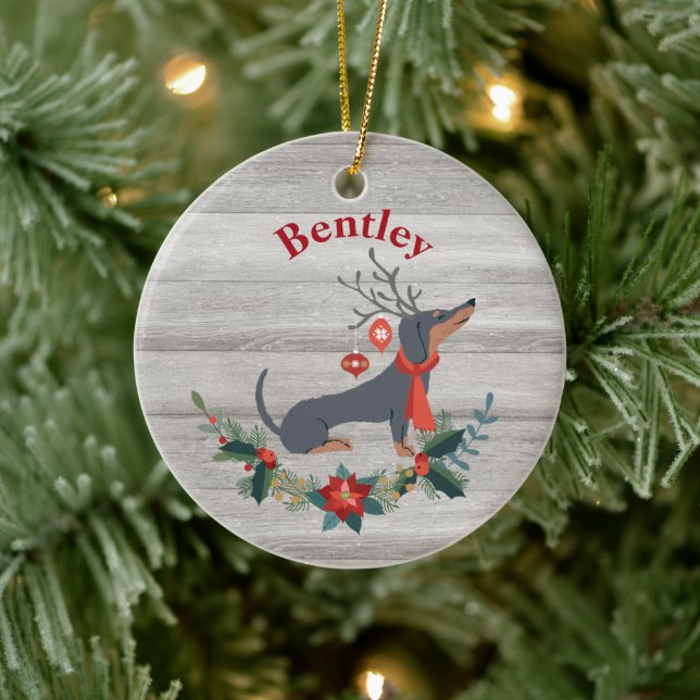 Rustic Christmas Dachshund with Antlers & Greenery Ceramic Tree Decoration (Tree)
