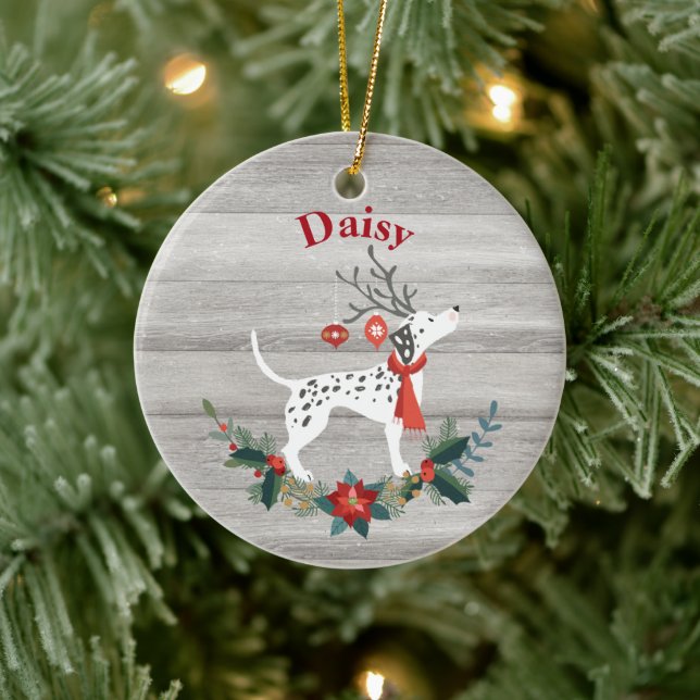 Rustic Christmas Dalmatian with Antlers & Greenery Ceramic Tree Decoration (Tree)