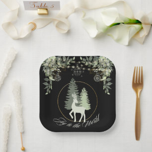 Rustic Christmas Deer winter scenery trees Paper Plate