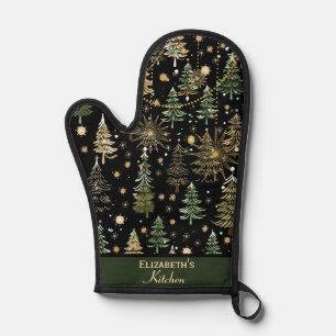 Rustic Christmas Evergreen Trees Green and Gold Oven Mitt