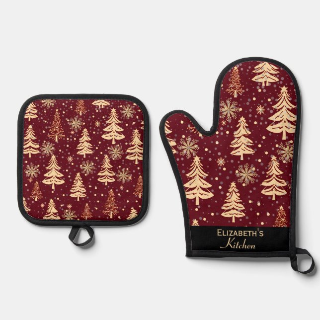 Rustic Christmas Evergreen Trees Red and Gold Oven Mitt & Pot Holder Set (Front)