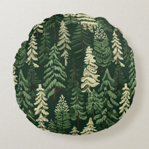 Rustic Christmas Evergreen Trees Round Cushion