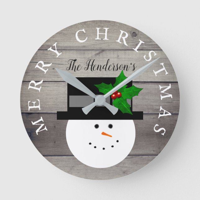Rustic Christmas Farmhouse Faux Wood Snowman Round Clock (Front)