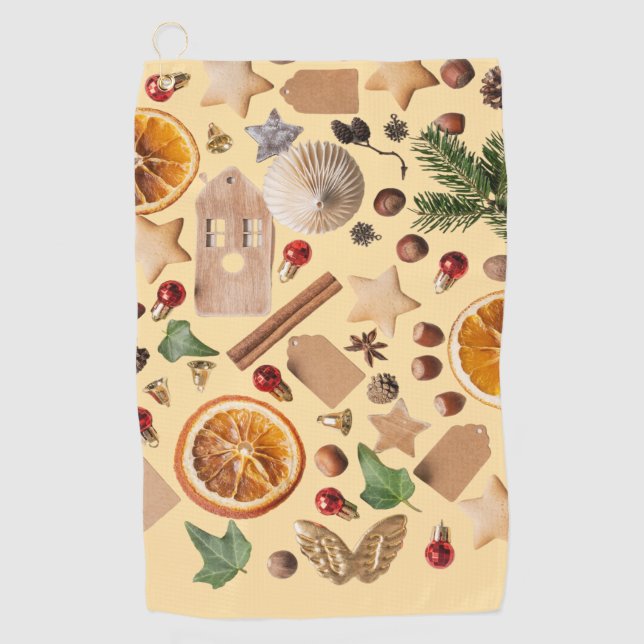 Rustic Christmas Flatlay with Oranges, Cookies  Golf Towel (Front)