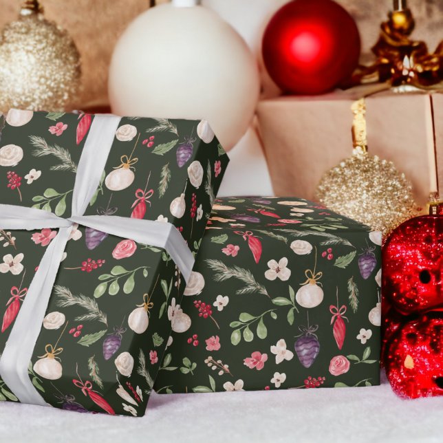Rustic Christmas floral bauble watercolor pattern Wrapping Paper (Rustic Christmas floral bauble watercolor pattern Wrapping Paper on green)