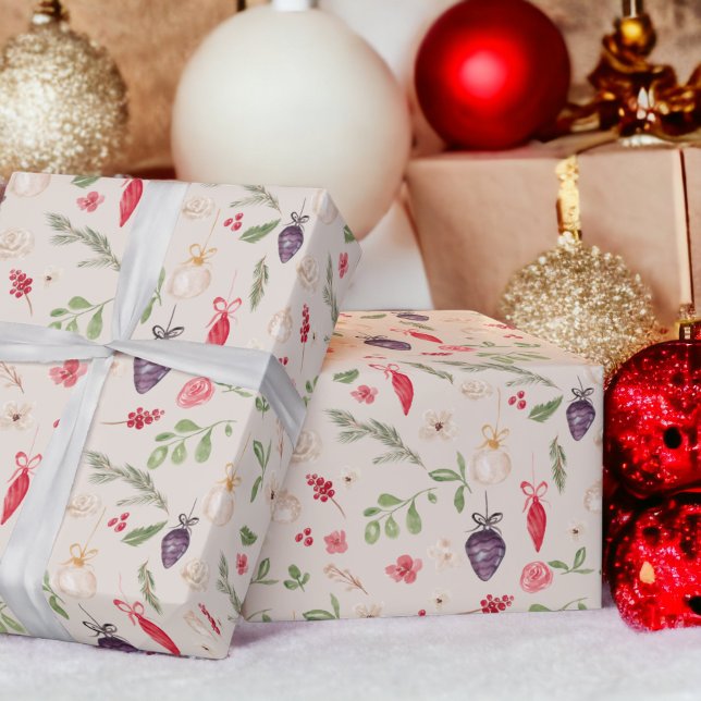 Rustic Christmas floral bauble watercolor pattern Wrapping Paper (Rustic Christmas floral bauble watercolor pattern Wrapping Paper on beige)