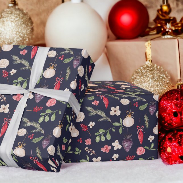 Rustic Christmas floral bauble watercolor pattern Wrapping Paper (Rustic Christmas floral bauble watercolor pattern Wrapping Paper on navy blue)