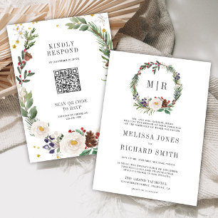 Rustic Christmas Floral Monogram QR Code Wedding Invitation