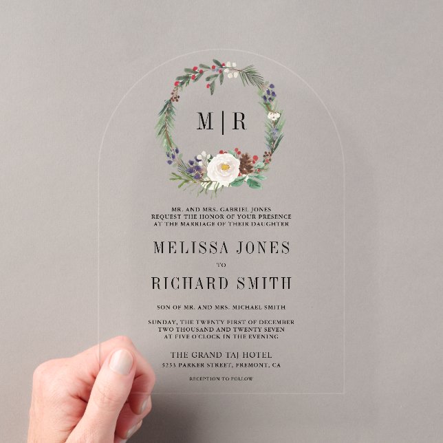 Rustic Christmas Floral Monogram Wedding Acrylic Invitations (Insitu (Handheld))