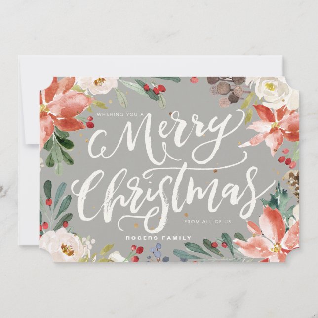 Rustic Christmas Flowers Frame & Modern Typography Holiday Card (Front)