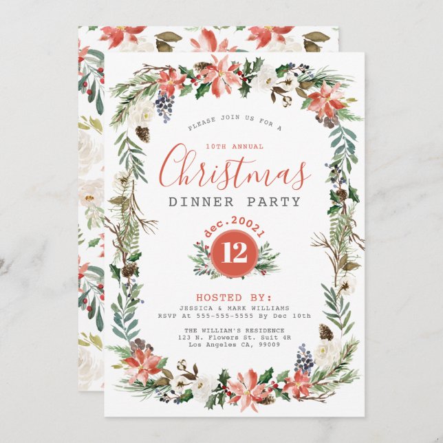 Rustic Christmas Flowers Frame Party Invitation (Front/Back)