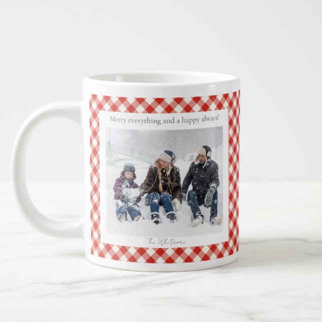 Rustic Christmas Gift 2 Photo Trendy Red Plaid  Large Coffee Mug (Left)