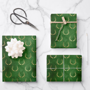 Rustic Christmas gold green cute antlers pattern Wrapping Paper Sheet