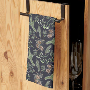 Rustic Christmas Greenery Botanical Pattern Tea Towel