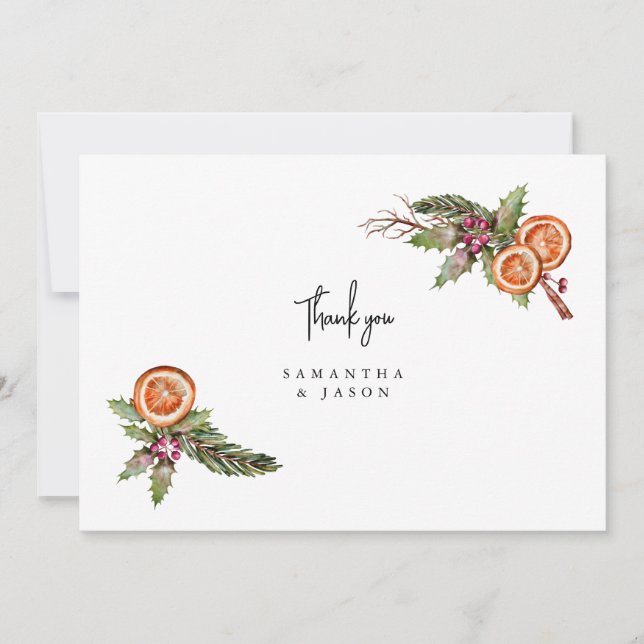 Rustic Christmas Greenery Spice Wedding Thank You Card (Front)