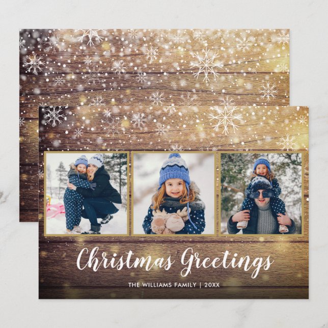 Rustic Christmas Greetings Country Wood 3 Photo Holiday Card (Front/Back)