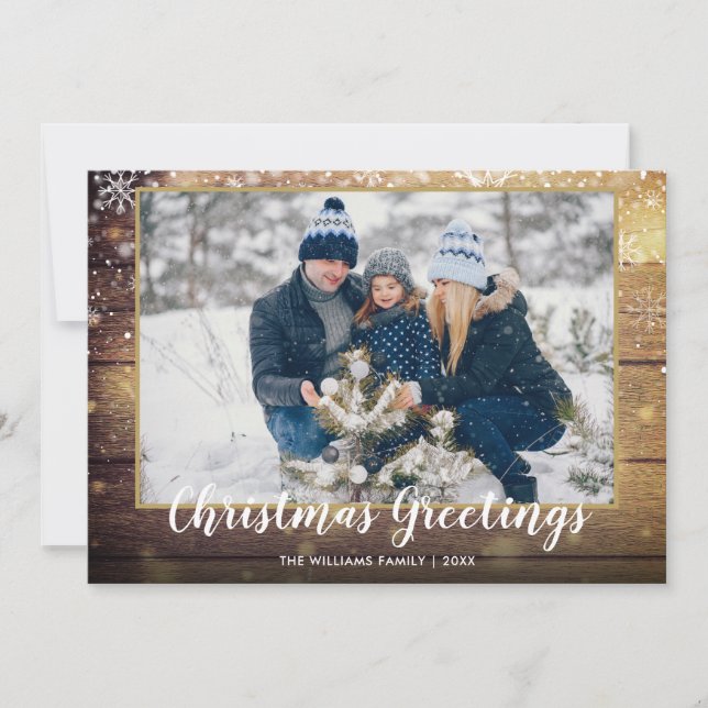 Rustic Christmas Greetings Photo Country Wood Holiday Card (Front)