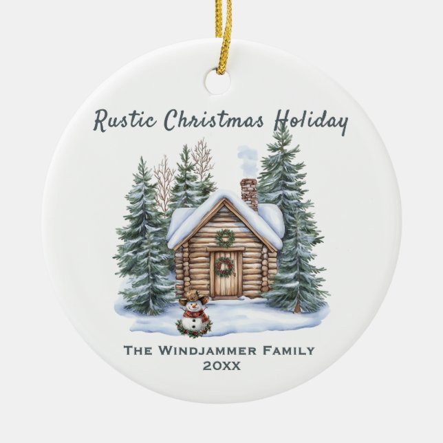 Rustic Christmas Holiday Cabin Snowman  Ceramic Tree Decoration (Front)
