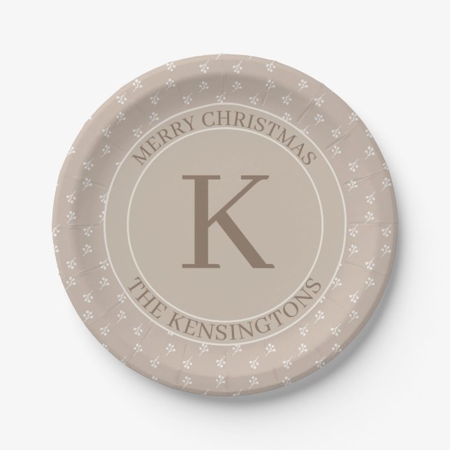 Rustic Christmas Holiday Party Beige Monogram Paper Plate (Front)