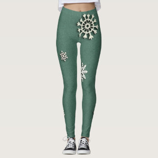 Rustic Christmas Holiday Party Green Snowflakes Leggings