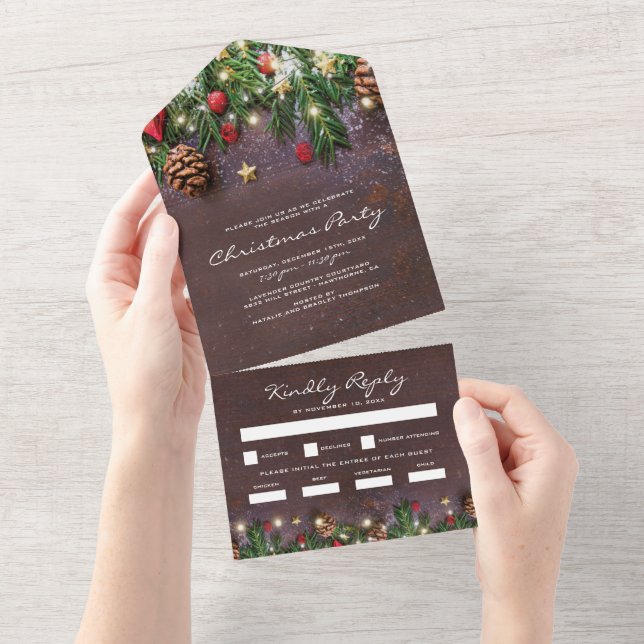 Rustic Christmas Holiday Party RSVP All In One Invitation (Tearaway)