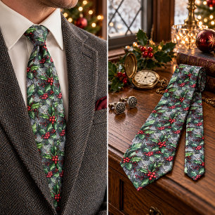 Rustic Christmas Holly Berries Vintage Botanical Tie