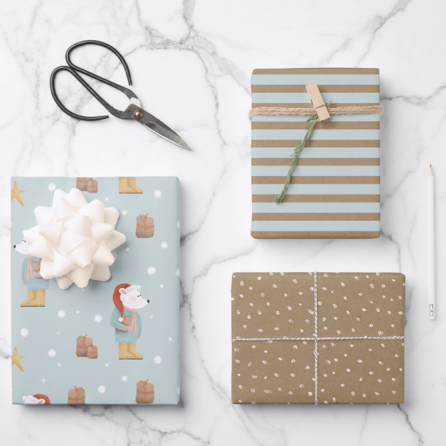 Rustic Christmas Kraft Winter Snow Polar Bear Wrapping Paper Sheet (Front)