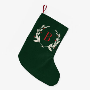 Rustic Christmas Laurel Wreath Monogram Small Christmas Stocking