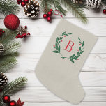 Rustic Christmas Laurel Wreath Monogram Small Christmas Stocking<br><div class="desc">Custom monogrammed Christmas stocking with a rustic faux burlap design. Please note the faux burlap design is printed on the fabric, the stocking is not made of burlap material. Personalise it with your name or other custom text in a laurel wreath frame. Click Customise It to change text fonts and...</div>