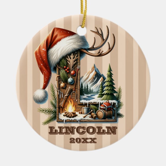Rustic Christmas Letter L with Cosy Winter Scene Ceramic Tree Decoration (Front)