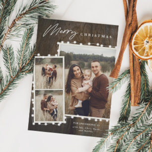 Rustic Christmas Lights 3 Photo Collage Holiday Card