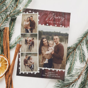 Rustic Christmas Lights 4 Photo Collage Holiday Card