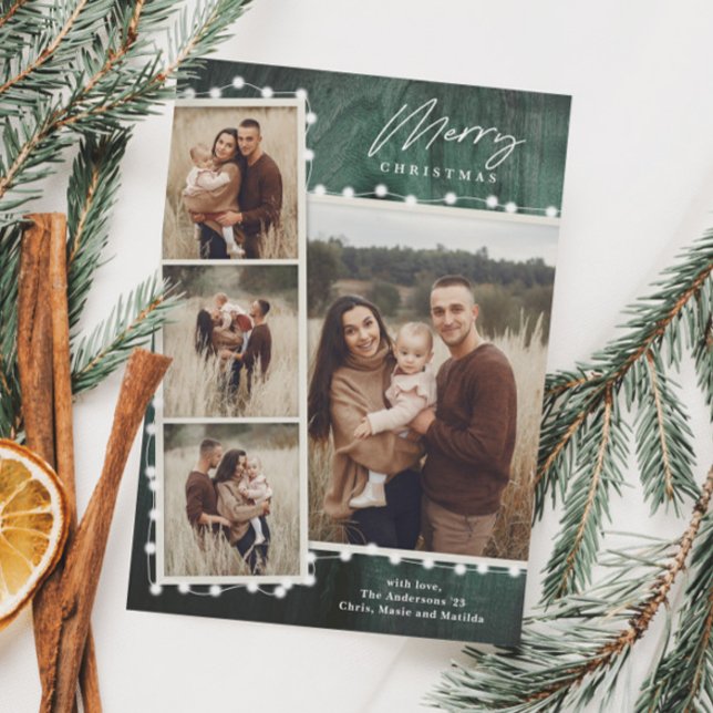Rustic Christmas Lights 4 Photo Collage Holiday Card (Creator Uploaded)