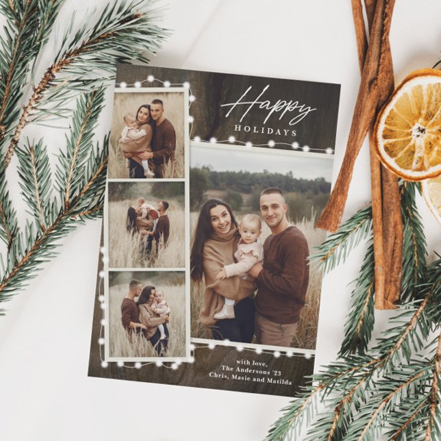 Rustic Christmas Lights 4 Photo Collage Holiday Card (Creator Uploaded)