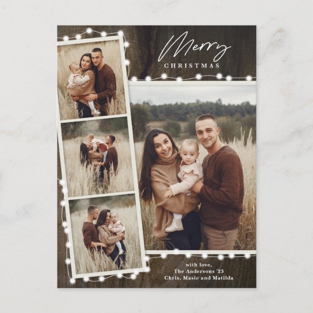 Rustic Christmas Lights 4 Photo Collage Holiday Postcard (Front)